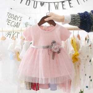 Summer Girls New Kidsren's Dress Short-Sleeved Korean Mesh Princess Dress Baby Girl Fashionable Dress 0-3