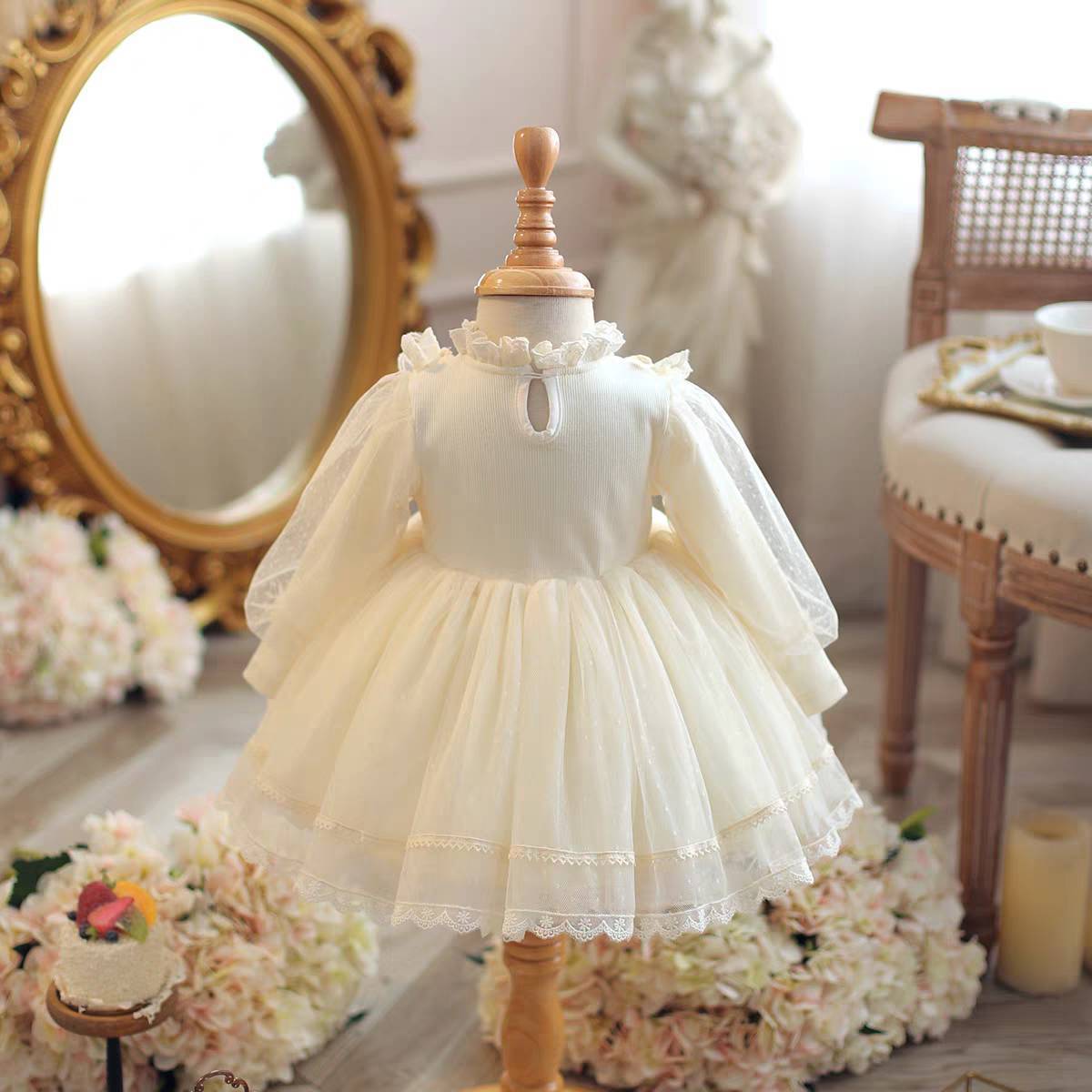 Girls' Velvet Princess Skirt Autumn and Winter Baby's First Birthday Dress Sweet Super Fairy Mesh Long-Sleeved Dress - Image 3