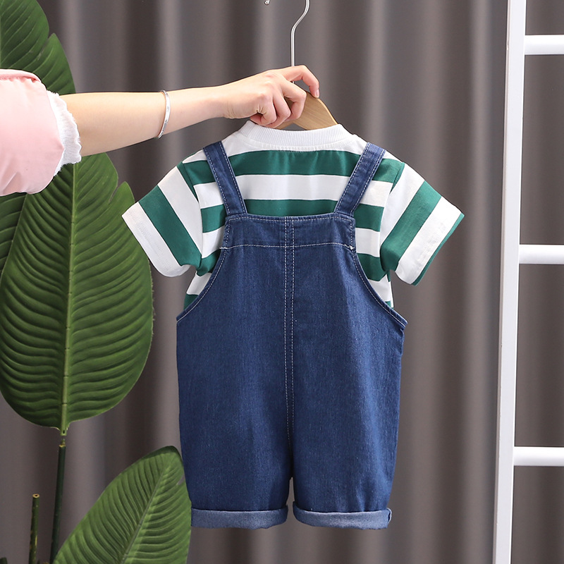 Boys' Short-sleeved suit 2025 Summer New Clothes Small and Medium-sized Children's Striped Bear Straps Two-piece Trendy Pants - Image 4