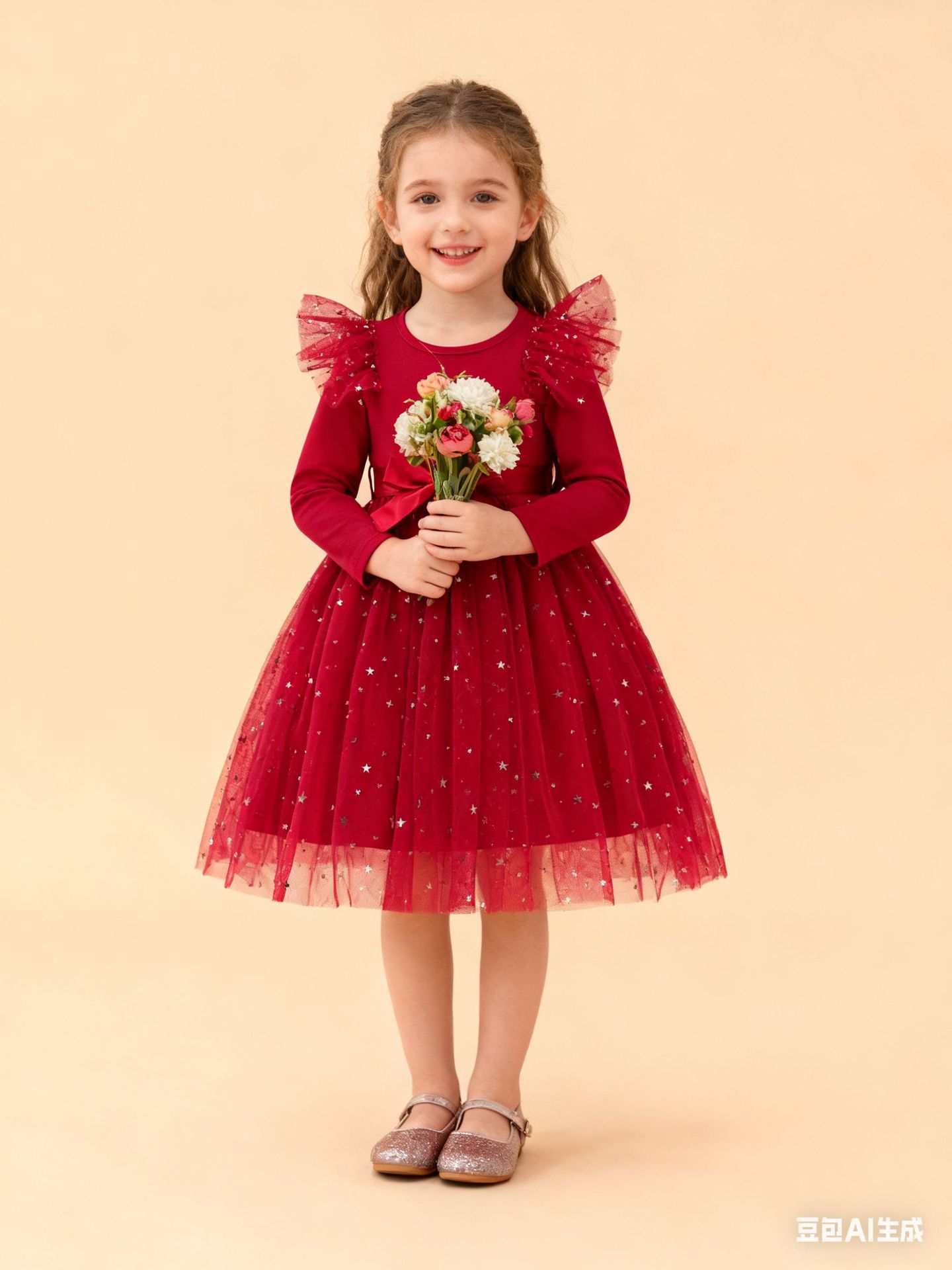 P24071 Cross-Border Autumn Girls' Children's Clothing Pure Color Small Flying Sleeves Long Sleeves with Sequined Mesh Dress with Belt - Image 5