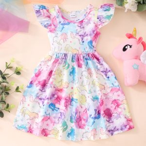 Children's Flying Sleeve Dinosaur Tie-Dye Butterfly Rainbow A- Line Dress