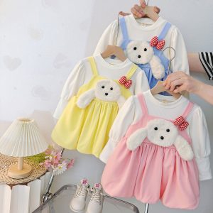 Girls' Sweet and Cute Girl's Fashionable Long-Sleeved Dress 2025 New Korean Style Fake Two-Piece Princess Dress for Small and Medium-Sized Children