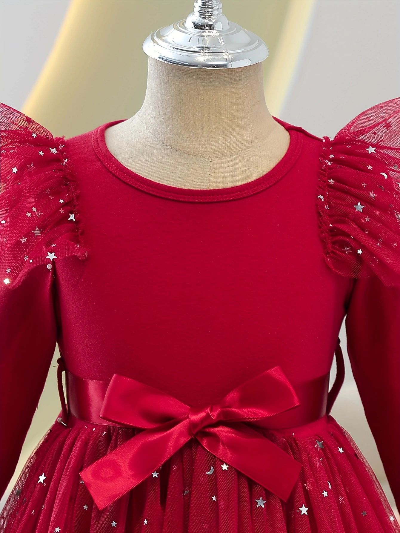 P24071 Cross-Border Autumn Girls' Children's Clothing Pure Color Small Flying Sleeves Long Sleeves with Sequined Mesh Dress with Belt - Image 3