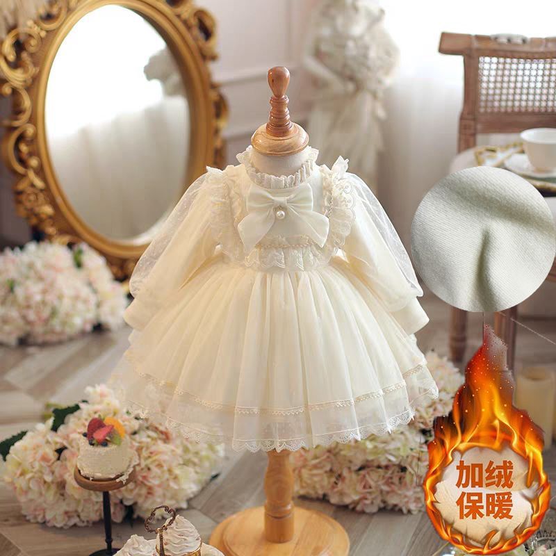 Girls' Velvet Princess Skirt Autumn and Winter Baby's First Birthday Dress Sweet Super Fairy Mesh Long-Sleeved Dress