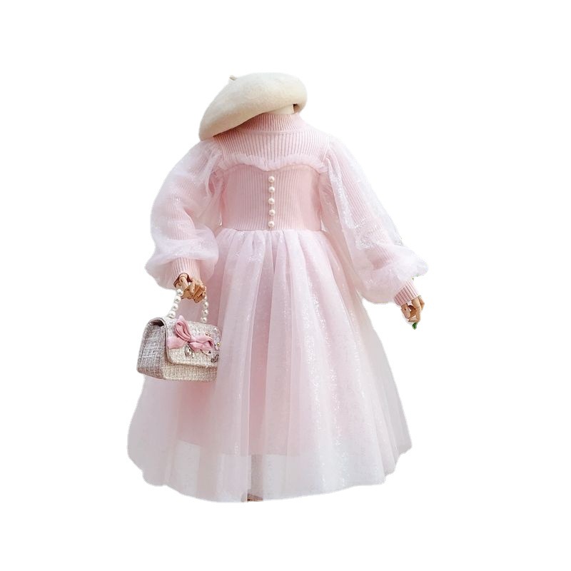 Girls' Princess Dress 2025 Autum Mesh Lantern Long-Sleeved Spliced Pure Color Knitted Puffy Dress for Little Girls - Image 5