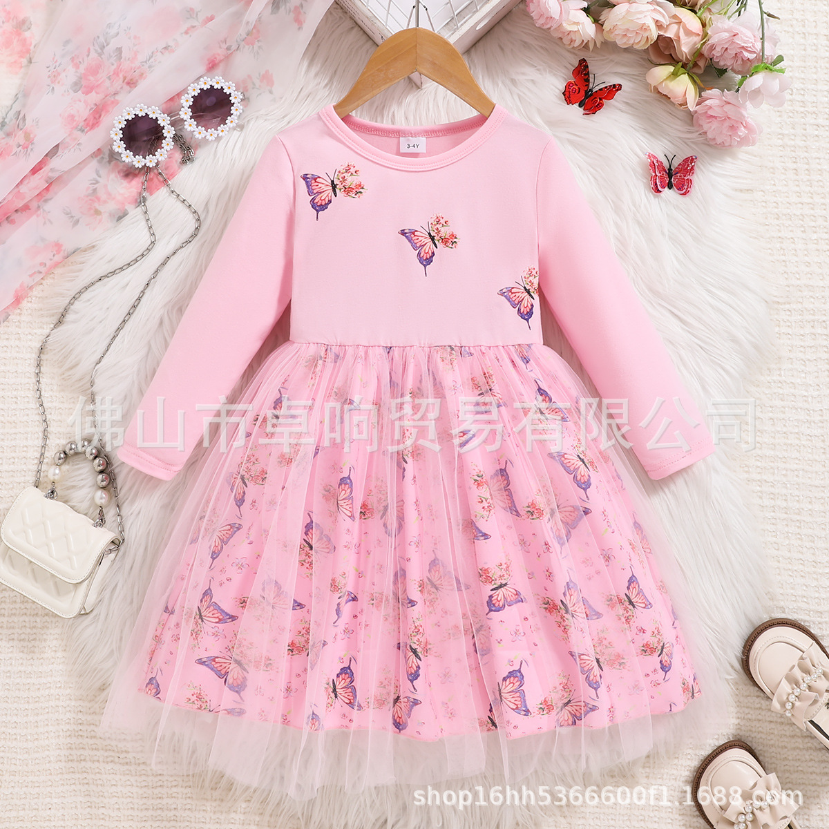 Amazon Cross-border Girls Middle-aged Children 3-10 Years Old Multi-color Butterfly Printing Long-sleeved Mesh dress - Image 5