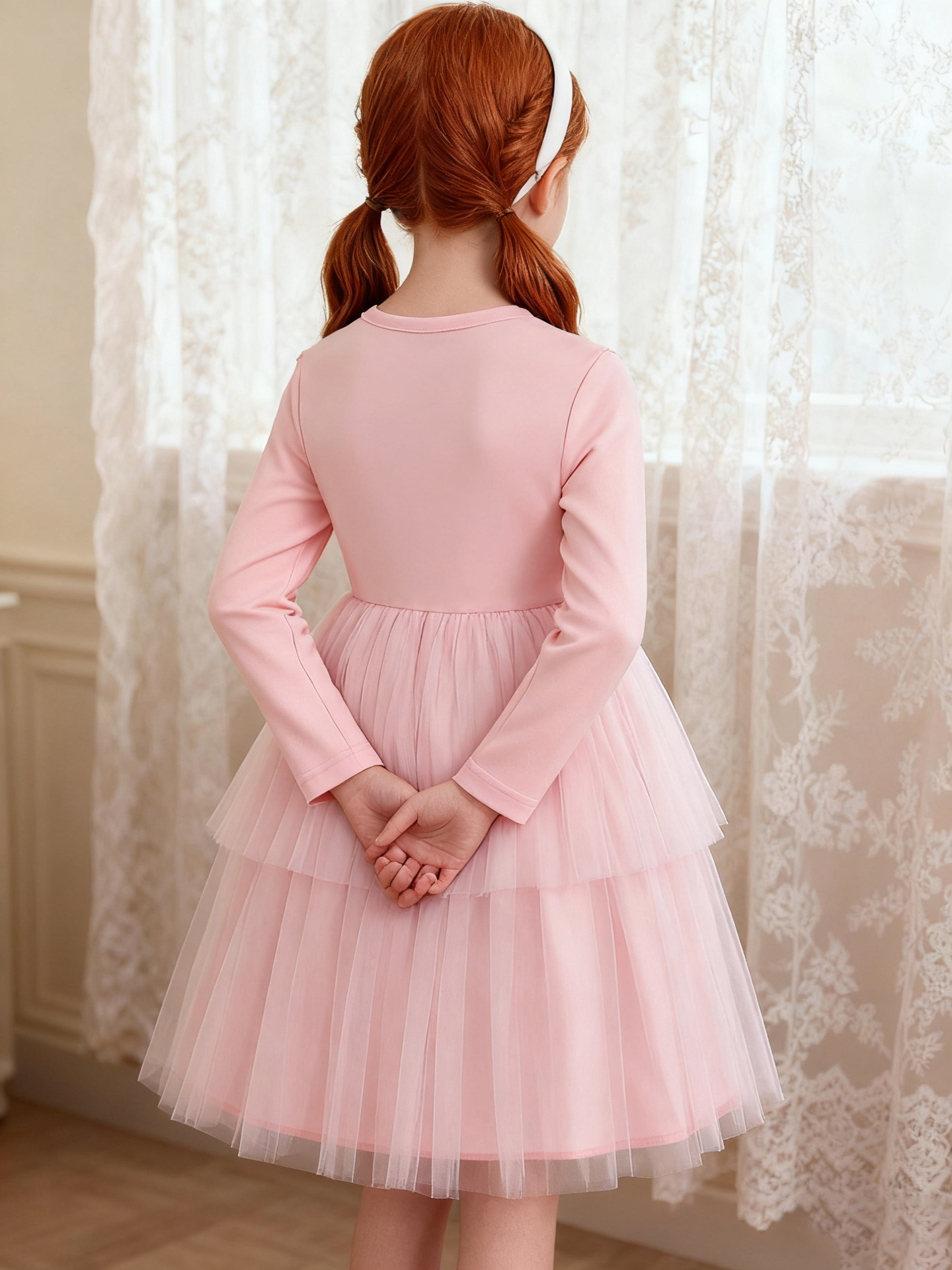 Cross-Border Girls Dress Pink Flower Bow Long-Sleeved Gauze Princess Dress Tutu Skirt Autum Kidsren's Skirt - Image 4