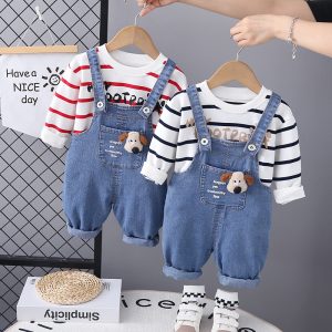 Autumn 2024 New Boys' Striped Crewneck Long Sleeve suit Boys' Baby Casual Denim Two-Piece Trendy Suit