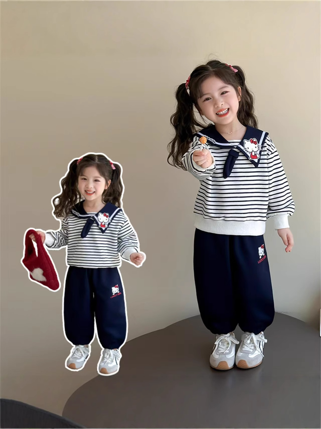 Girls Autumn Sweater Set Children's Cute Navy Collar Casual Top Baby Cartoon Striped Tie Sweater - Image 3
