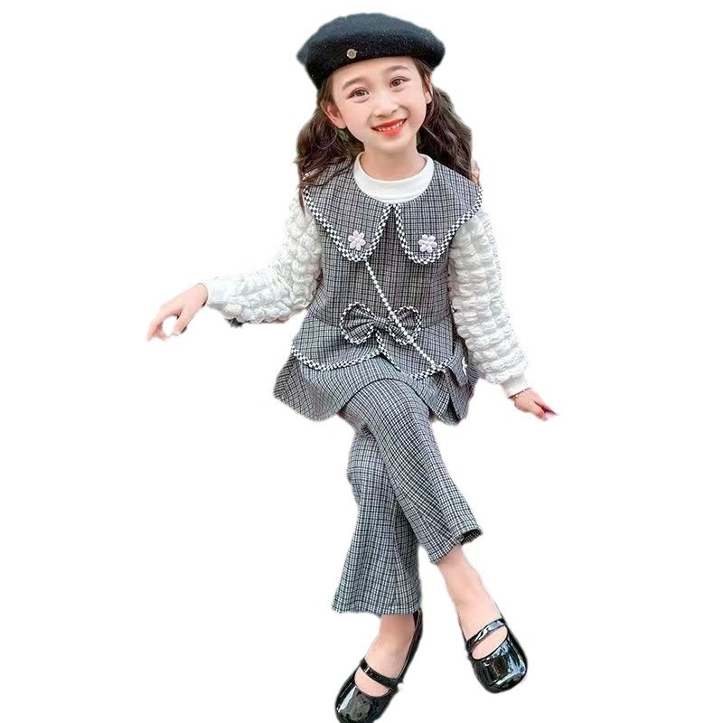 2024 New Autum Girls' Suits Sweet Bow Pink Vest Casual Pants Bottoming Shirt Tops Three Pieces - Image 5