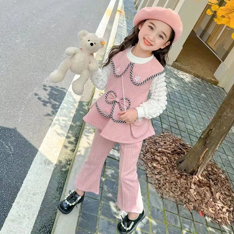 2024 New Autum Girls' Suits Sweet Bow Pink Vest Casual Pants Bottoming Shirt Tops Three Pieces - Image 2