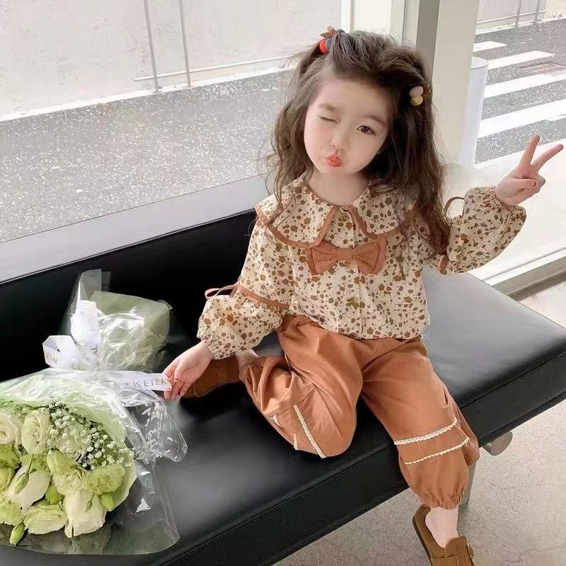 Girls Floral Suit Autumn and Winter 2023 Spring & Fall New Style Baby Girl Doll Collar Shirt Two-Piece Thin Set - Image 3