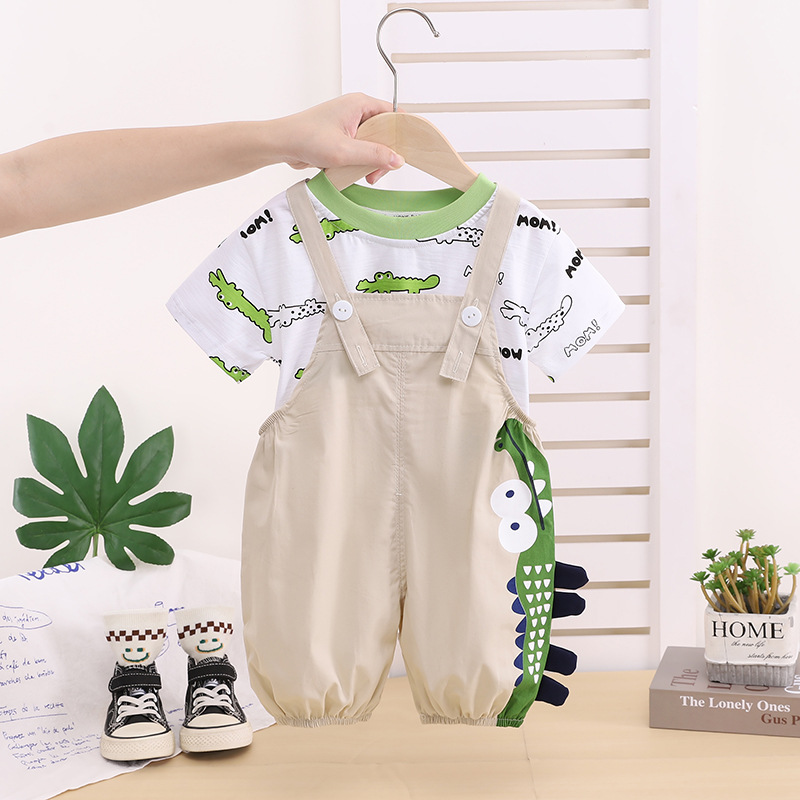 New Baby and Children's Fashionable Baby Summer Short-Sleeved Overalls Cartoon Two-Piece Set Trendy Fashionable Boy Summer Suit - Image 3