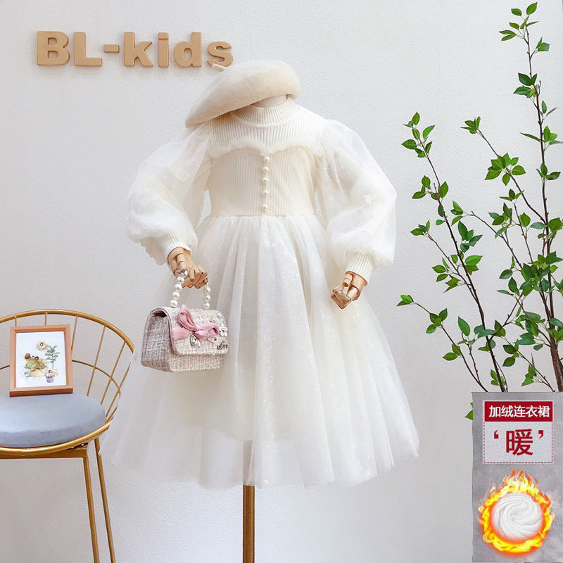 Girls' Princess Dress 2025 Autum Mesh Lantern Long-Sleeved Spliced Pure Color Knitted Puffy Dress for Little Girls - Image 3