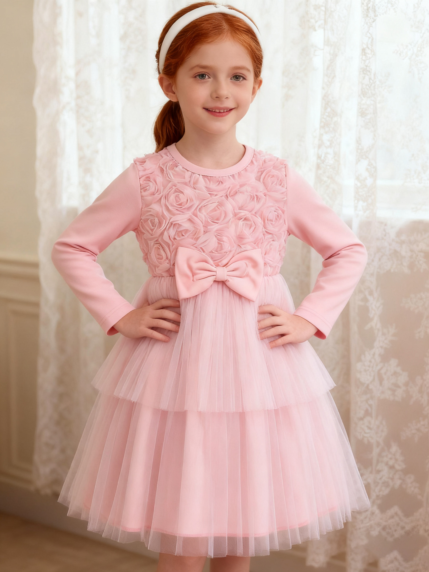 Cross-Border Girls Dress Pink Flower Bow Long-Sleeved Gauze Princess Dress Tutu Skirt Autum Kidsren's Skirt - Image 3