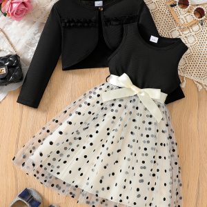 Ls00122 Amazon Cross-Border New Style Girls Spring and Autum Cardigan with Polka Dot Mesh Vest Skirt Suit