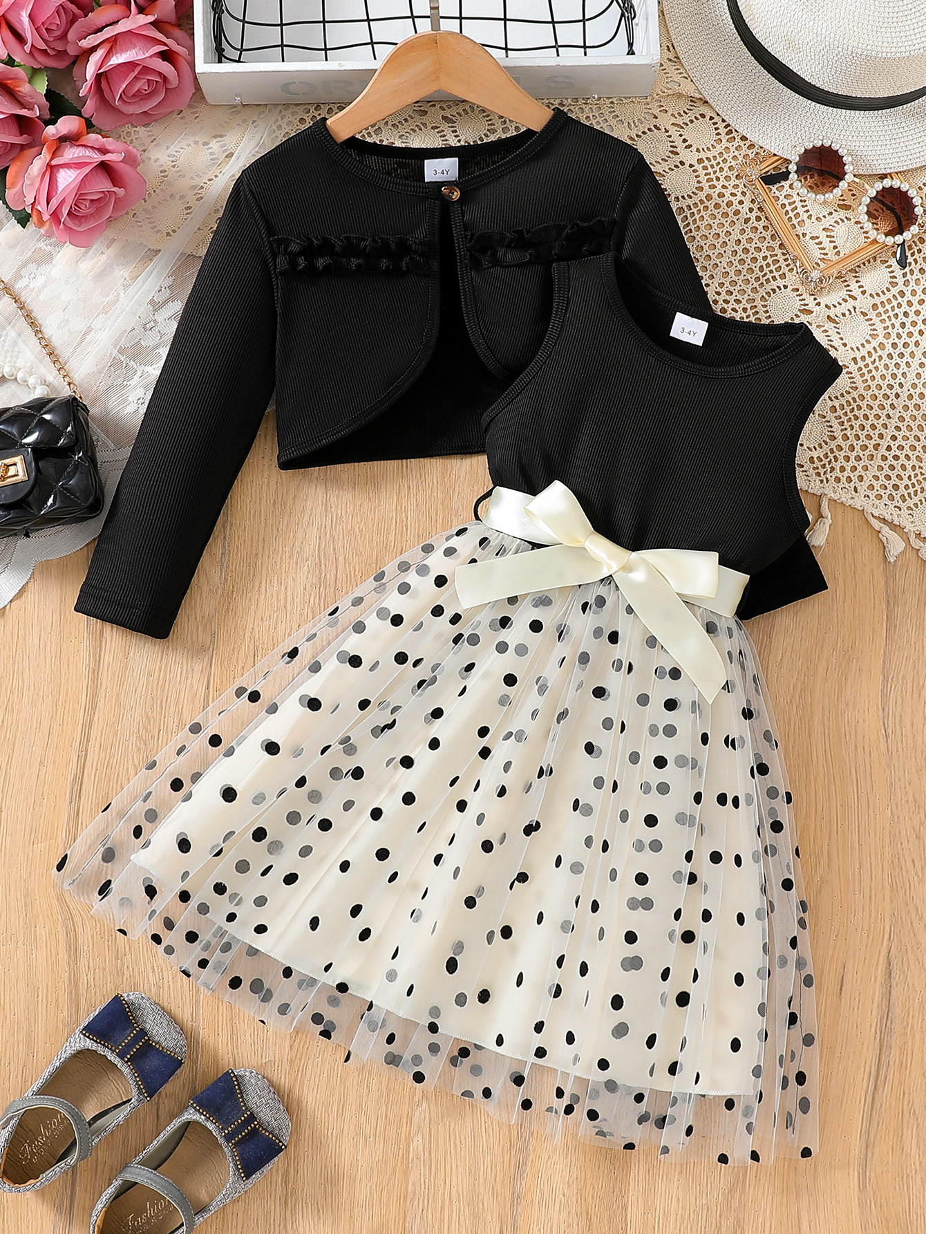 Ls00122 Amazon Cross-Border New Style Girls Spring and Autum Cardigan with Polka Dot Mesh Vest Skirt Suit