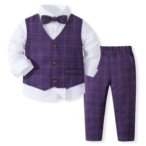 Boys' Fake Two-Piece Autumn Suit British Style Children's Long Sleeve Shirt Plaid Vest Gentleman Suit