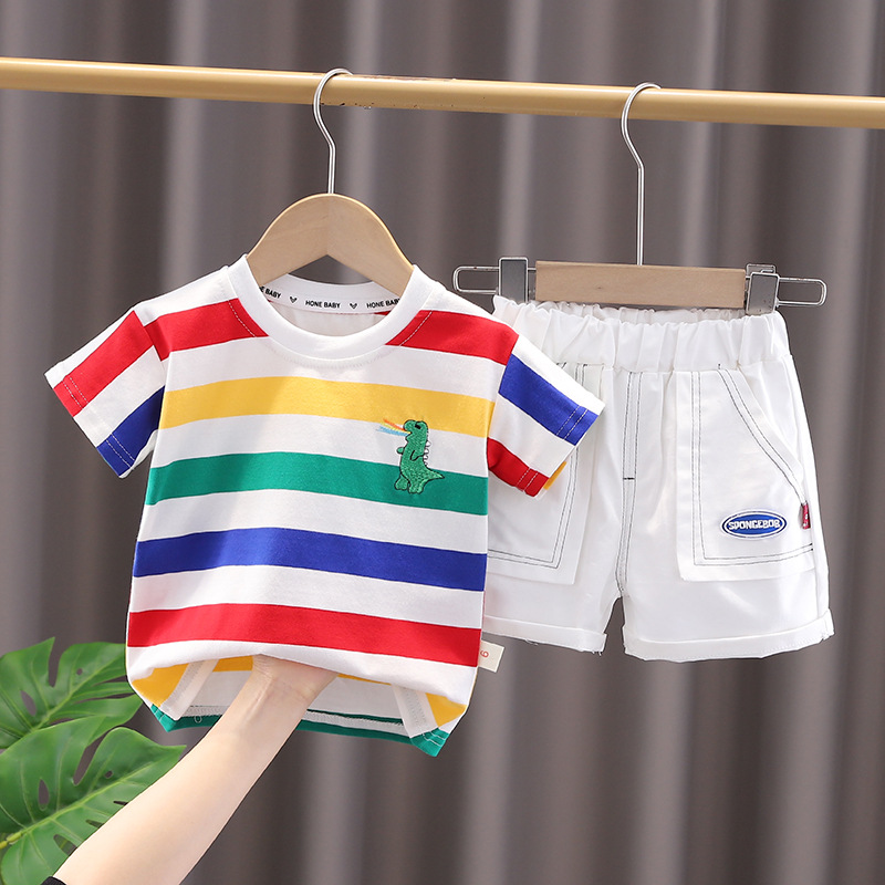 Boys' summer new suit toddler Baby western style striped dinosaur bag short sleeve two-piece suit fashion hot - Image 4