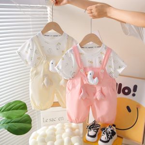 Children's Short-Sleeved Suit Casual Summer New Style Girls Summer Clothes Baby Fashionable Girl Summer Cartoon Suspenders Summer Style