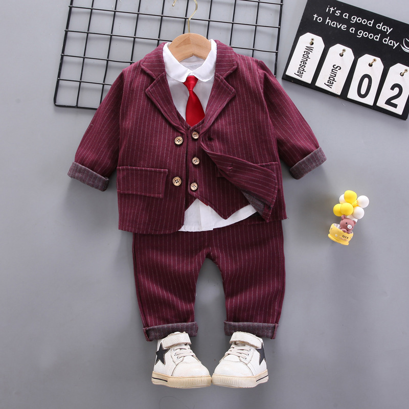 Korean Style Boys' Striped Suit Cardigan Spring Children's Tie Shirt Long-Sleeve Suit Vest Four-Piece Set Trendy Direct Sale - Image 3