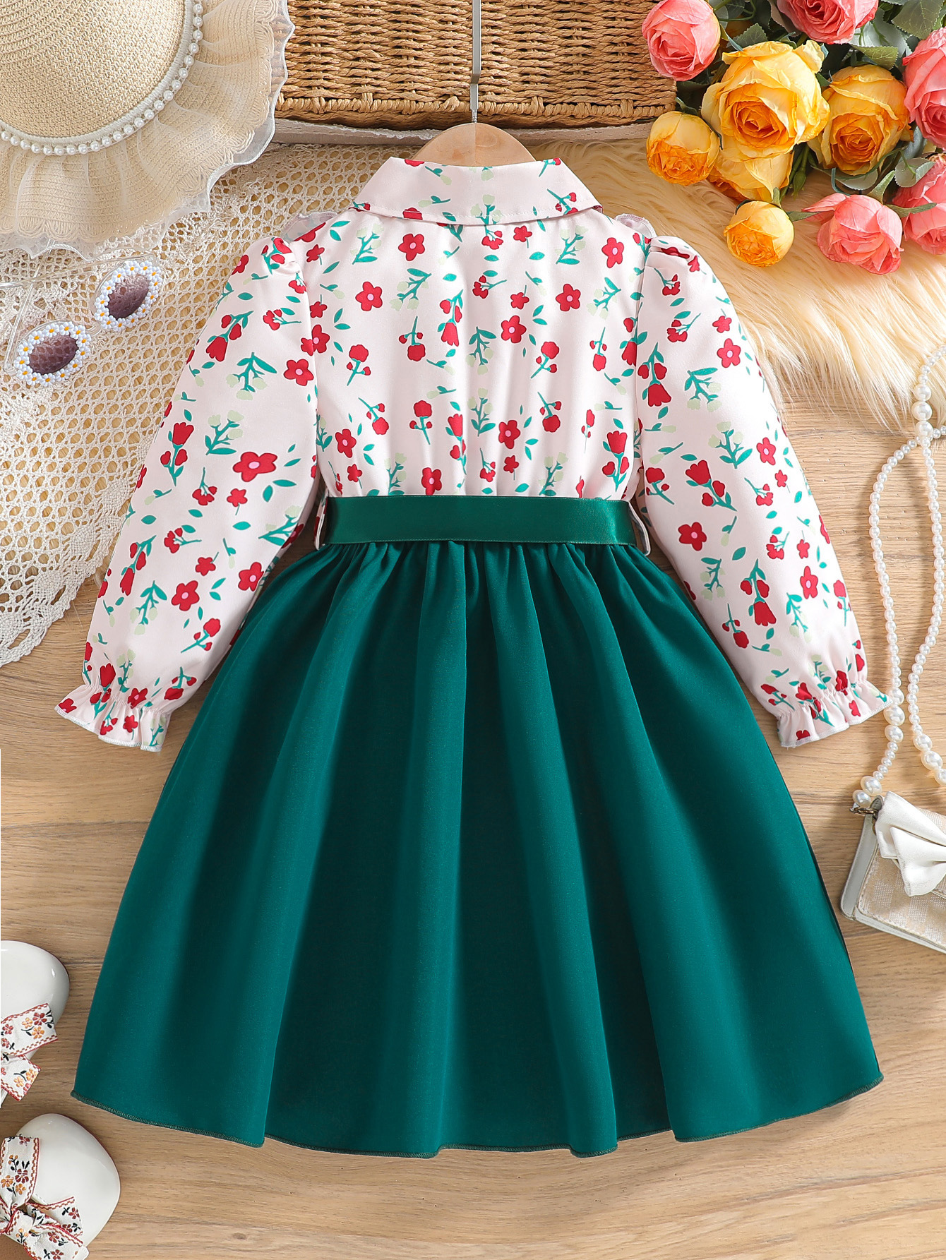 Ls00022 Cross-Border Girls' Children's Clothing Wholesale Personalized Small Floral Contrasting Bow Dress with Belt - Image 2