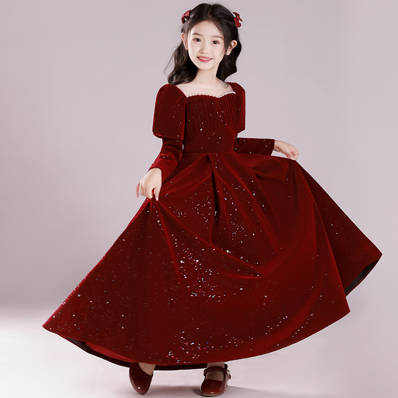 Girls Dress Princess Dress Classy Accessible Luxury Piano Performance Dress Kidsren's Host Red Autum Dress Dress - Image 3