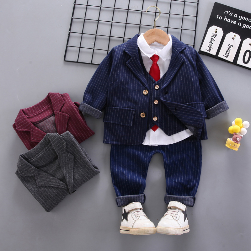 Korean Style Boys' Striped Suit Cardigan Spring Children's Tie Shirt Long-Sleeve Suit Vest Four-Piece Set Trendy Direct Sale - Image 2