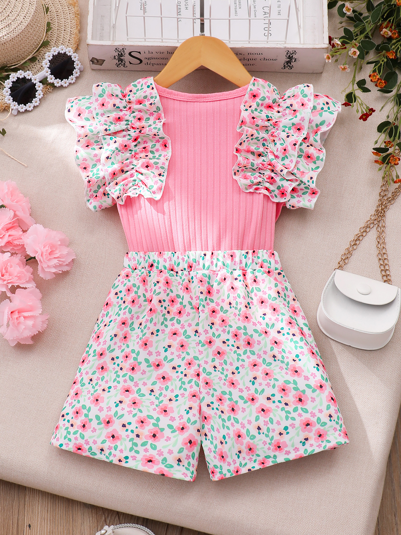 Girls' (Small) Two-Piece Set, Floral Double-Layer Ruffled Pit-Strip Top Floral Short Duplex Children's Embroidery - Image 4