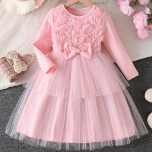 Cross-Border Girls Dress Pink Flower Bow Long-Sleeved Gauze Princess Dress Tutu Skirt Autum Kidsren's Skirt