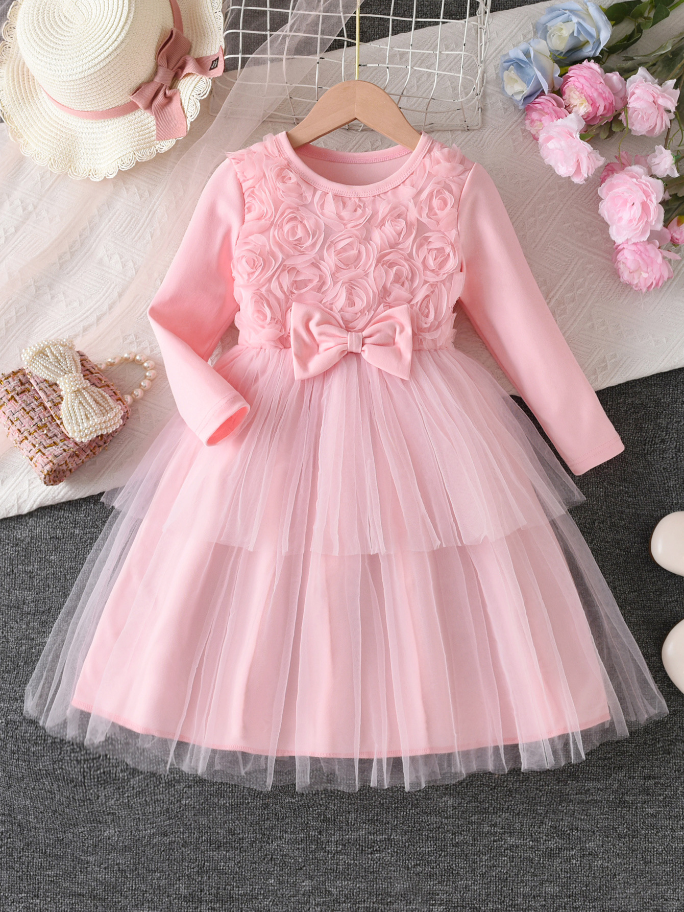 Cross-Border Girls Dress Pink Flower Bow Long-Sleeved Gauze Princess Dress Tutu Skirt Autum Kidsren's Skirt