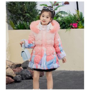 Girls' Winter Clothing, Thickened Mid-Length Cotton Jacket, No-Wash Little Girl's Frozen down Cotton Jacket, Elsa Princess Cotton Coat