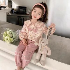 Girls Floral Suit Autumn and Winter 2023 Spring & Fall New Style Baby Girl Doll Collar Shirt Two-Piece Thin Set