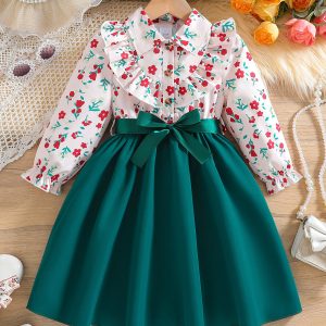 Ls00022 Cross-Border Girls' Children's Clothing Wholesale Personalized Small Floral Contrasting Bow Dress with Belt