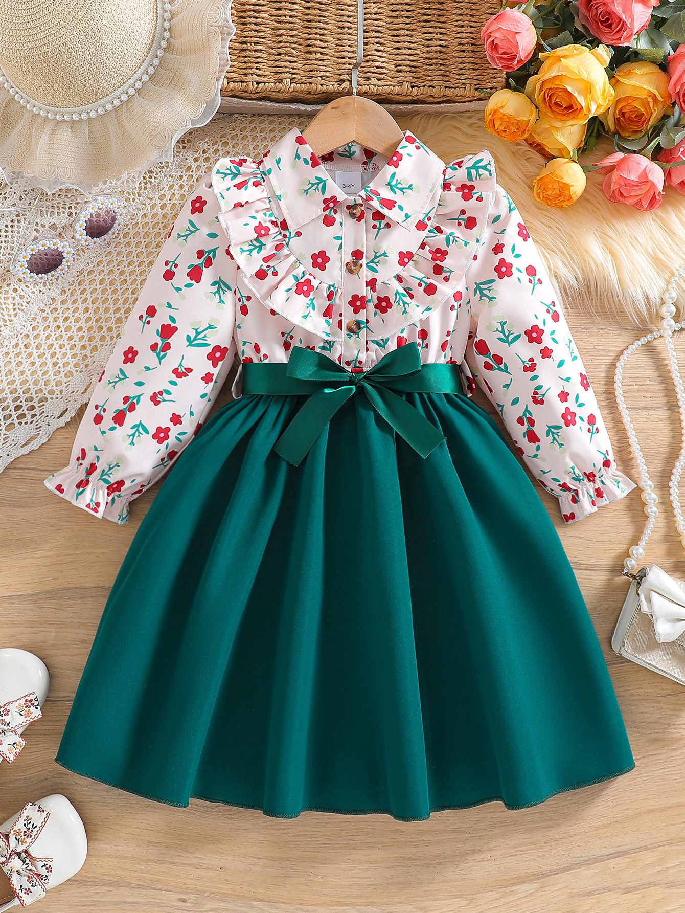 Ls00022 Cross-Border Girls' Children's Clothing Wholesale Personalized Small Floral Contrasting Bow Dress with Belt