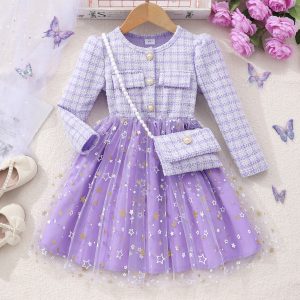 New Girl's Long Sleeve Lady's Star Mesh dress with Small Bag