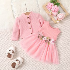 Cross-border INS Baby Girl Spring and Autumn Waist Flower Design Vest Stitching Mesh Dress Jacket