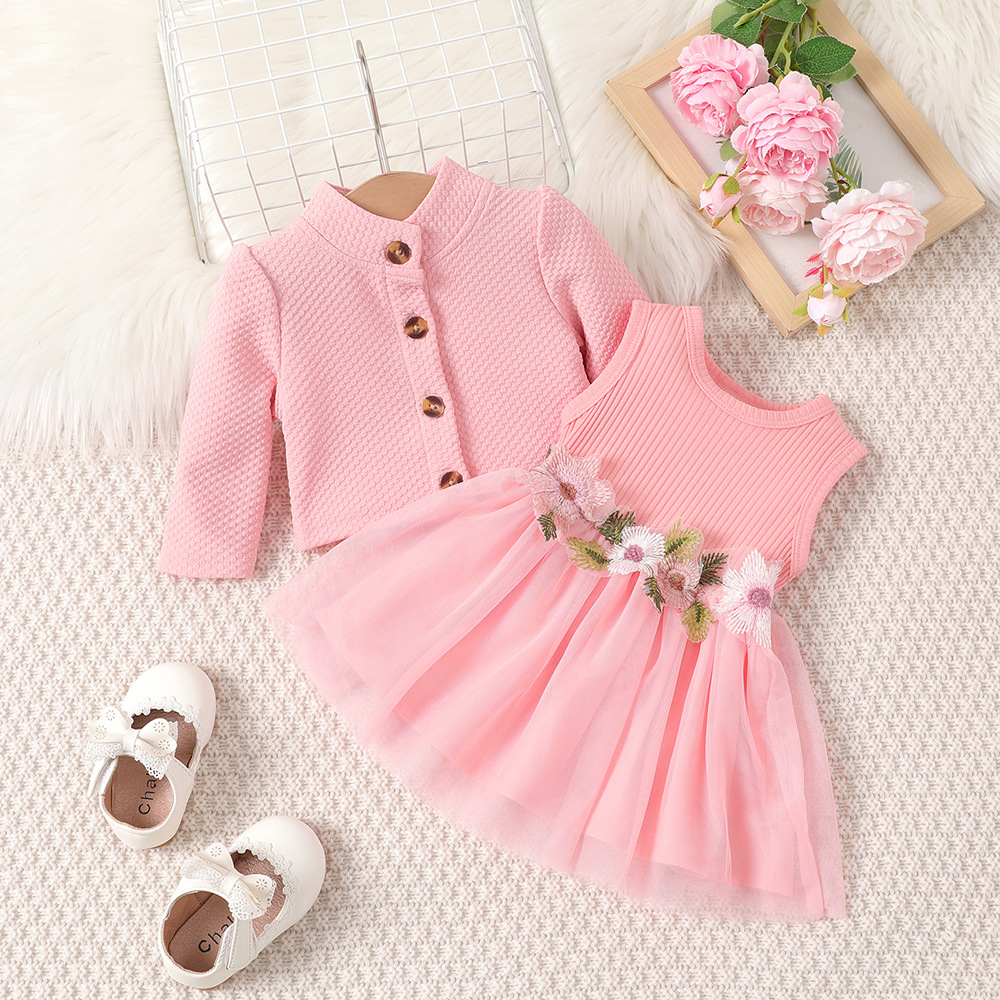 Cross-border INS Baby Girl Spring and Autumn Waist Flower Design Vest Stitching Mesh Dress Jacket