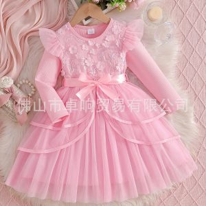 L00116 Amazon Cross-Border Children's Clothing Wholesale Girls Elegant Stereo Flower Dress Dress Wedding Performance