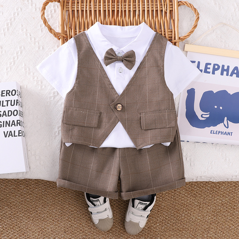 Boys Summer Plaid Bow Tie Vest Short-Sleeved Fashionable Baby Boy Casual Two-Piece Summer Boy and Kidsren Suit - Image 3
