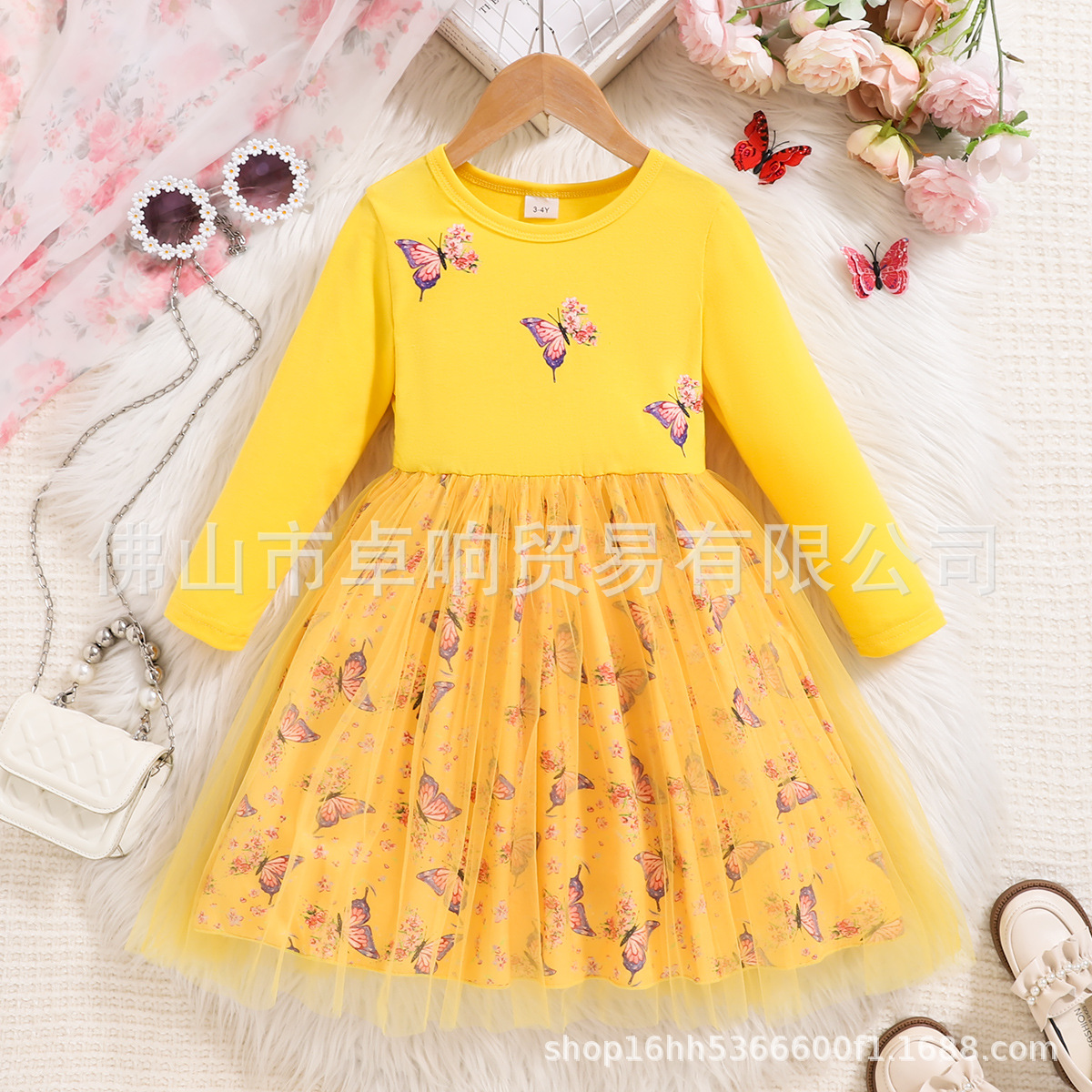 Amazon Cross-border Girls Middle-aged Children 3-10 Years Old Multi-color Butterfly Printing Long-sleeved Mesh dress - Image 4