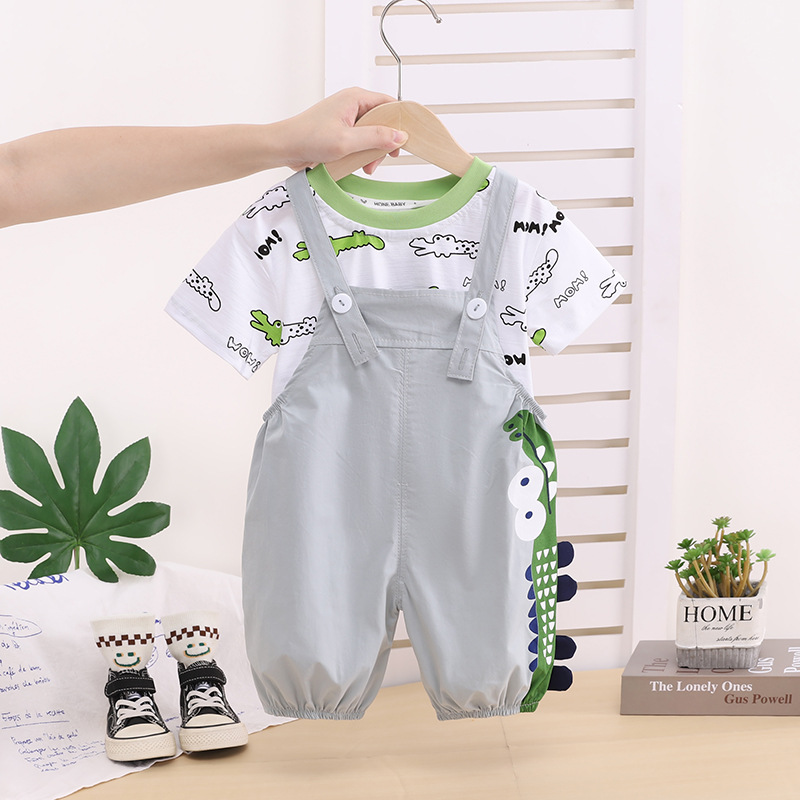 New Baby and Children's Fashionable Baby Summer Short-Sleeved Overalls Cartoon Two-Piece Set Trendy Fashionable Boy Summer Suit - Image 2