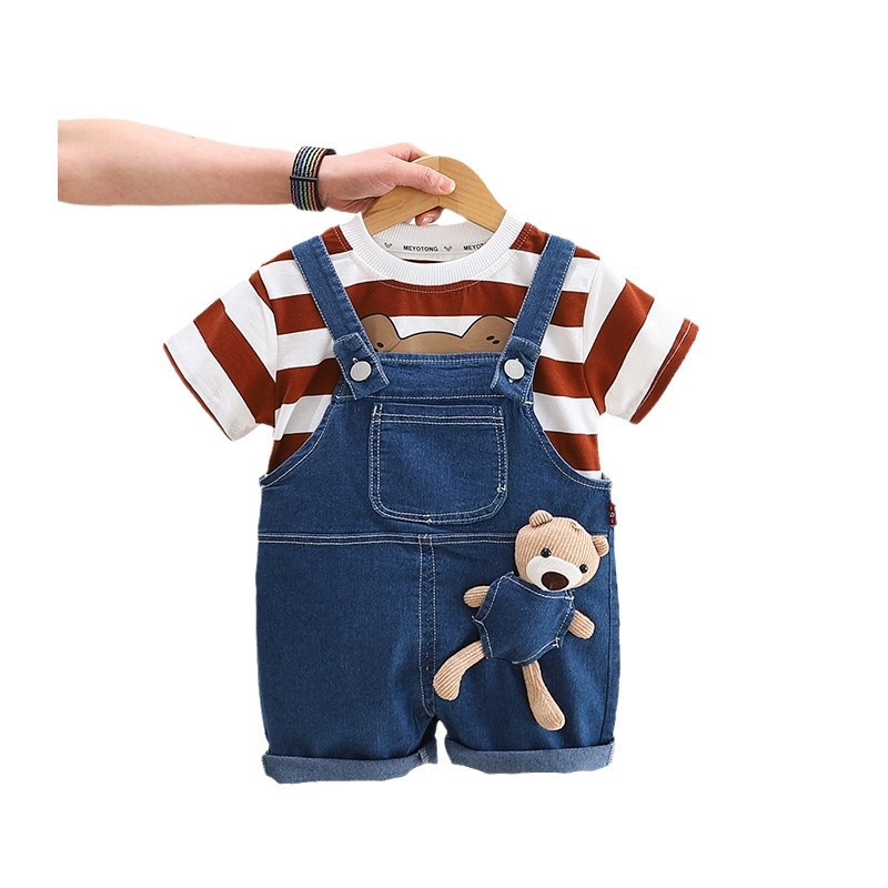 Boys' Short-sleeved suit 2025 Summer New Clothes Small and Medium-sized Children's Striped Bear Straps Two-piece Trendy Pants - Image 5