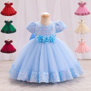 Girls Dress Princess Children's Dress 2025 New Short-Sleeved Sequined Tutu Skirt Children's Dress Cross-Border Wholesale