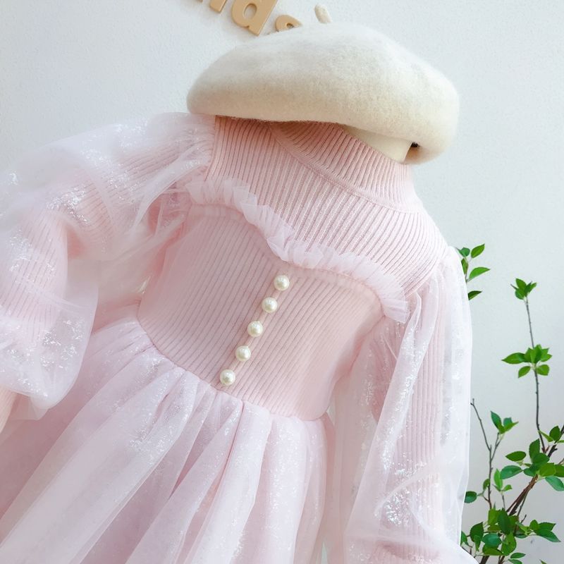 Girls' Princess Dress 2025 Autum Mesh Lantern Long-Sleeved Spliced Pure Color Knitted Puffy Dress for Little Girls - Image 2