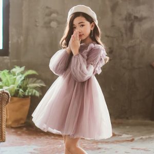 Girls' Dress Spring and Autumn 2025 Korean Style New Long-Sleeved Lace Princess Dress Little Girl's Puffy Gauze Dress