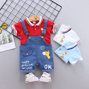 0-4 Years Old Kidsren's Overalls Suit Boy Cartoon Deer Pattern Polo Shirt Summer Kidsren's Short-Sleeved Cross-Border