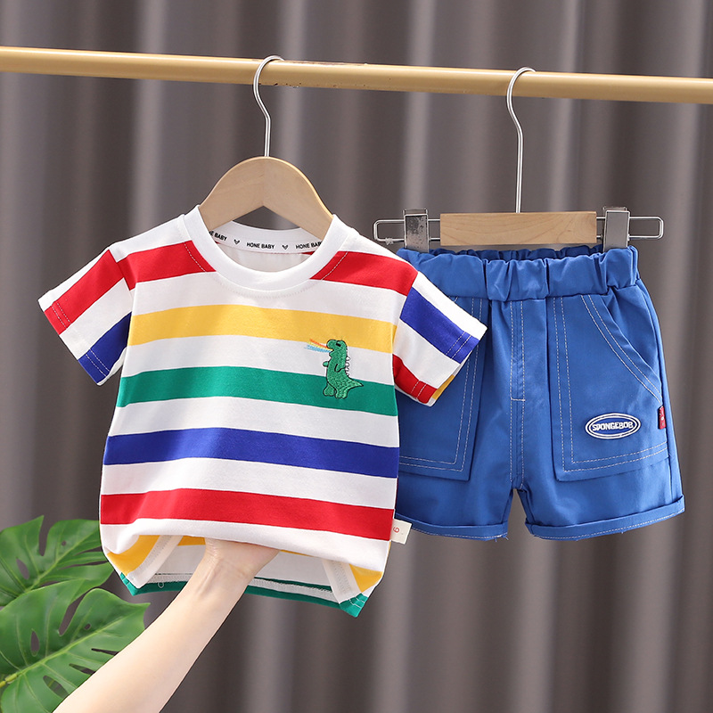 Boys' summer new suit toddler Baby western style striped dinosaur bag short sleeve two-piece suit fashion hot - Image 3