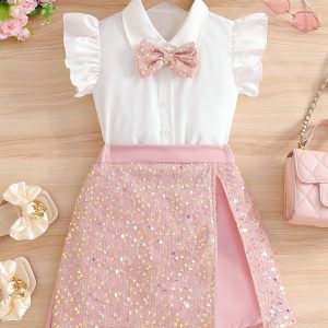 Cross-Border Girls Summer Skirt Suit Pink Sequin Skirt Flying Sleeves Bow Tie Children's Sequin Skirt