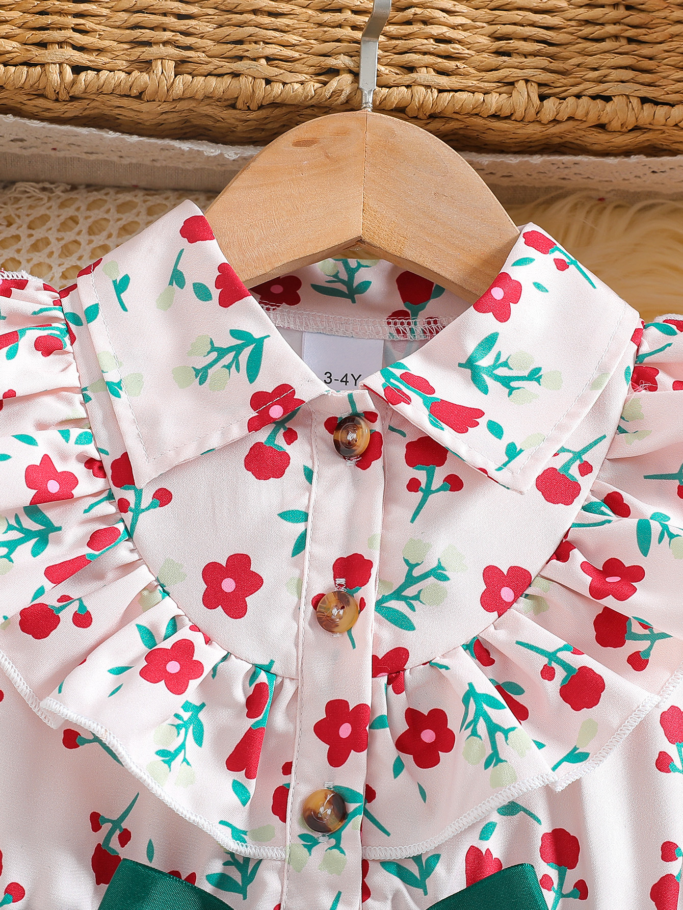 Ls00022 Cross-Border Girls' Children's Clothing Wholesale Personalized Small Floral Contrasting Bow Dress with Belt - Image 3